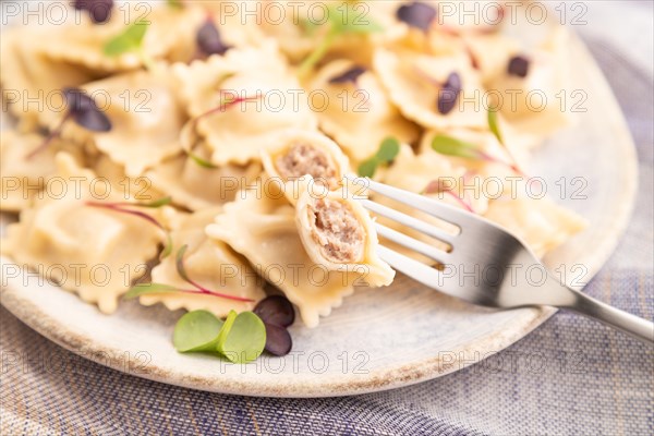 Dumplings with pepper, salt, herbs, microgreen on gray concrete background and linen textile. Side view, close up, selective focus