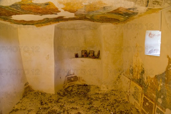 An abandoned room with decaying frescoes, Aladja Monastery, Aladja Monastery, Aladzha Monastery, medieval rock monastery, cave monastery in limestone cliff, Varna, Black Sea coast, Bulgaria, Europe