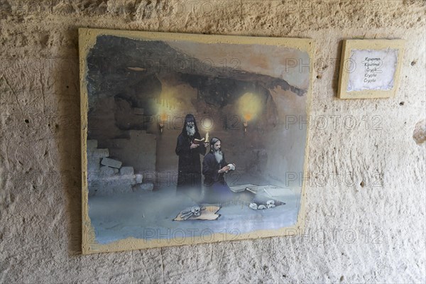 Mural painting with historical scene and information plaque on a cave wall, crypt, Aladja Monastery, Aladja Monastery, Aladzha Monastery, medieval rock monastery, cave monastery in limestone rock, Varna, Black Sea coast, Bulgaria, Europe