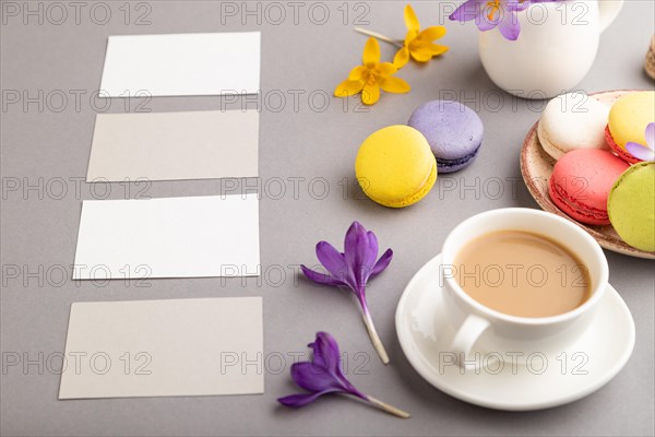 Gray and white business card mockup with spring snowdrop crocus flowers, cup of coffee, multicolored macaroons on gray pastel background. Blank, business card, side view, copy space, still life. spring concept