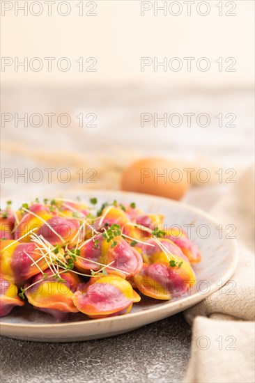 Rainbow colored dumplings with pepper, herbs, microgreen on brown concrete background and linen textile. Side view, selective focus, copy space