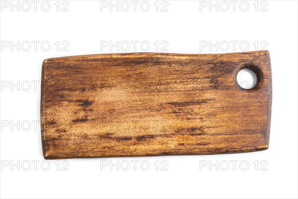 Empty rectangular wooden cutting board isolated on white background. Top view, close up, flat lay