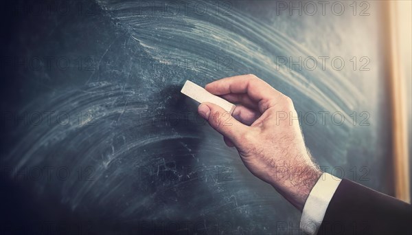 Closeup teacher hand holding a piece of chalk starts writing on the blank blackboard. Businessman arm in front of a blank chalkboard begins drawing. Business and education background with copy space. Generative AI art, AI generated