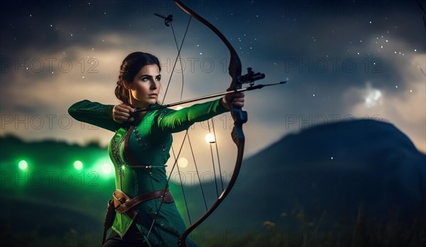 Young woman Sagittarius zodiac sign with dark hair and green eyes against the background of the starry sky. interpretation of the zodiac sign in human form.AI generated
