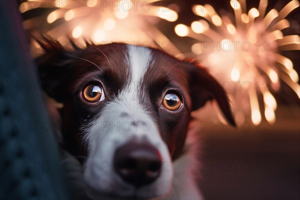 Scared dog with fireworks in background. KI generiert, generiert AI generated