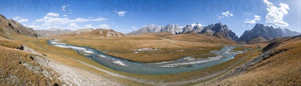 Panorama, mountain landscape with yellow meadows and Kol Suu river, mountain peak with glacier, hike to Kol Suu mountain lake, Keltan Mountains, Sary Beles Mountains, Tien Shan, Naryn Province, Kyrgyzstan, Asia