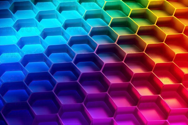 Honeycomb pattern illuminated with vibrant gradient colors abstract background, AI generated