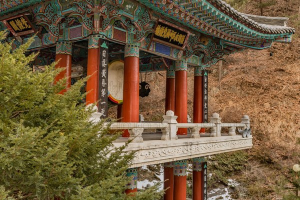 Side view of drum pavilion located at Guinsa temple on cold winter day in South Korea