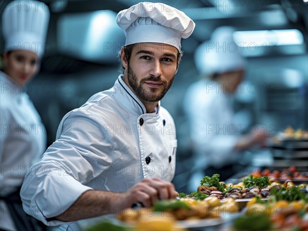 Chefs in a commercial kitchen at work, AI generated