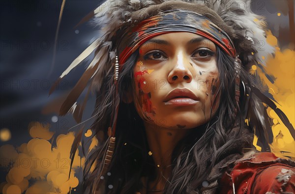 Portrait of a young woman with Indian feather jewellery and war paint, vivid colours emphasise her intense gaze, AI generated, AI generated