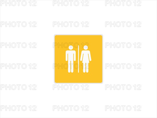 A unisex restroom sign with male and female symbols on a yellow background