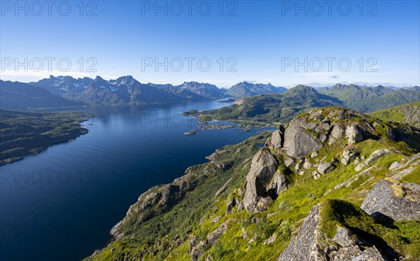 View of Fjord Raftsund and mountains, view from the top of Dronningsvarden or Stortinden, Vesteralen, Norway, Europe