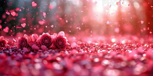 Pink roses and scattered petals with soft bokeh for a romantic setting, AI generated
