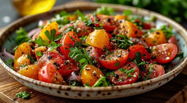 Close-up of Mediterranean fresh tomato salad with parsley and sesame seed garnish in a ceramic plate, AI generated