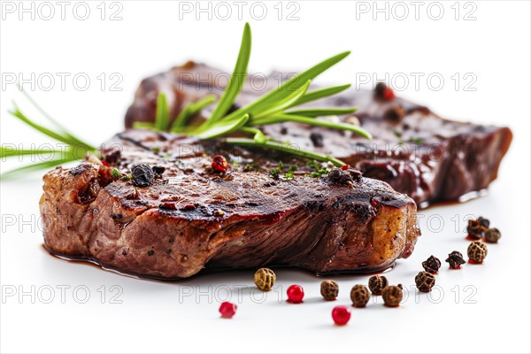Roasted steak with rosemary and colourful peppercorns on a white background, AI generated, AI generated