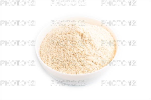 Powdered milk and buckwheat baby food mix, infant formula isolated on white background. Top view, close up, artificial feeding concept