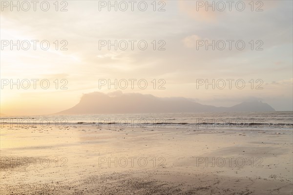 Bako national park, sea sandy beach, overcast, cloudy sunset, sky and sea, low tide. Vacation, travel, tropics concept, no people, Malaysia, Kuching, Asia