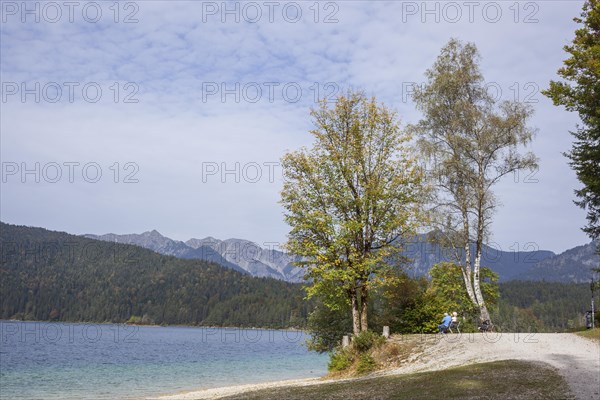 Eibsee lake with Ammergau Alps and hiking trail in autumn, Grainau, Werdenfelser Land, Upper Bavaria, Bavaria, Germany, Europe