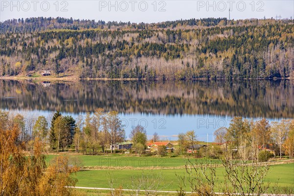High angle landscape view at idyllic houses by a forest lake with water reflections at springtime, Sweden, Europe