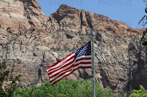 Flag of the United States in front of rock formation in Zion National Park, Utah, America, USA, North America