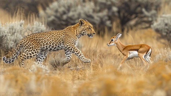 Leopard (Panthera pardus) in natural environment hunting a gazelle, AI generated