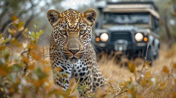 Leopard (Panthera pardus) in natural environment with Jeep, Landrover, AI generated