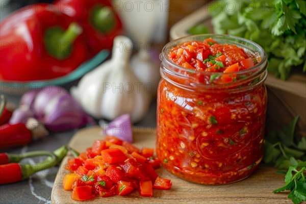 Freshly prepared paprika jam in a jar next to ingredients on a wooden cutting board, KI generated, AI generated