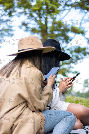 Vertical image of two relaxed friends sitting together on the grass of a park, each using their own phones