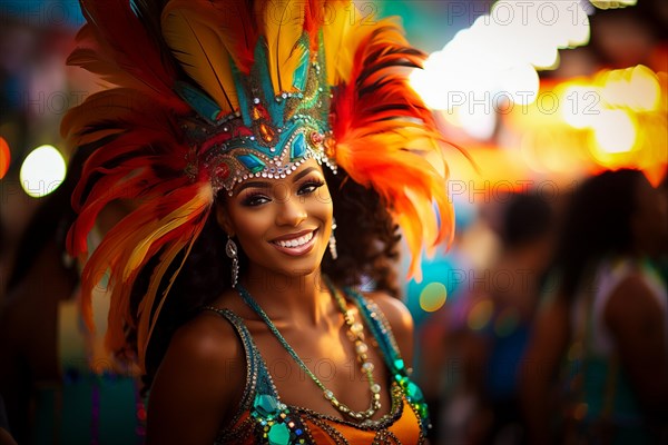 Captivating image capturing the essence of the Rio Carnival, showcasing a dancer adorned in an elaborate, vibrant costume, embodying the spirit and energy of this iconic festival, AI generated