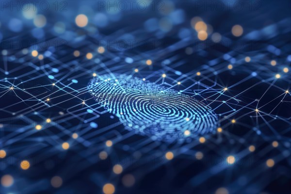 Digital representation of a fingerprint with network connections symbolises security technology, biometric authentication, cyber security and fingerprint password, future technology and cybernetics, AI generated, AI generated