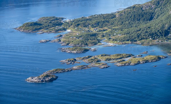 Coast and rocky islands in Raftsund, sea with archipelago islands, Vesteralen, Norway, Europe