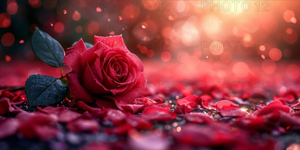 A single red rose with dew among scattered petals and bokeh background, AI generated
