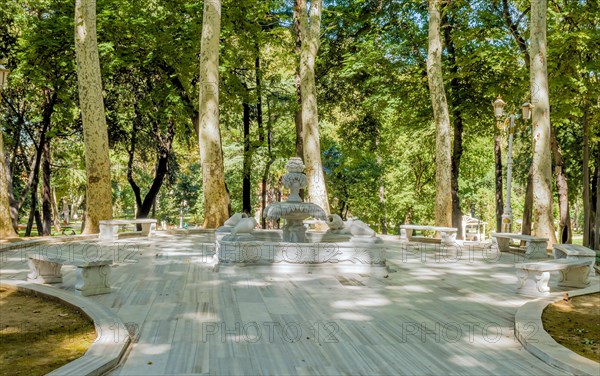 Decorative fountain on plaza in public urban park in Istanbul, Tuerkiye