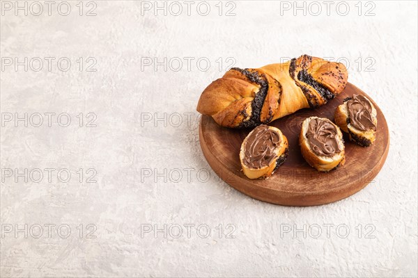 Homemade sweet bun with chocolate cream on a gray concrete background. side view, copy space