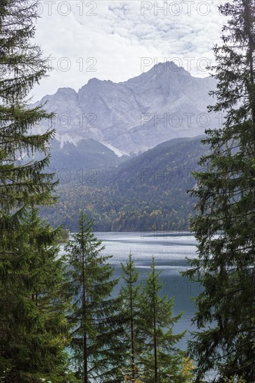 Zugspitze massif with Eibsee lake, Wetterstein mountains, Grainau, Werdenfelser Land, Upper Bavaria, Bavaria, Germany, Europe