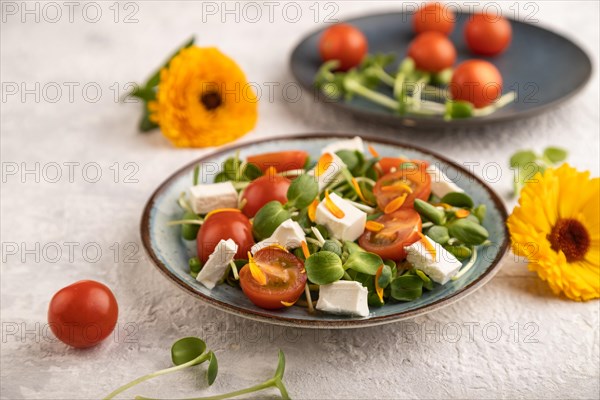 Vegetarian vegetables salad of tomatoes, marigold petals, microgreen sprouts, feta cheese on gray concrete background. Side view, close up, selective focus