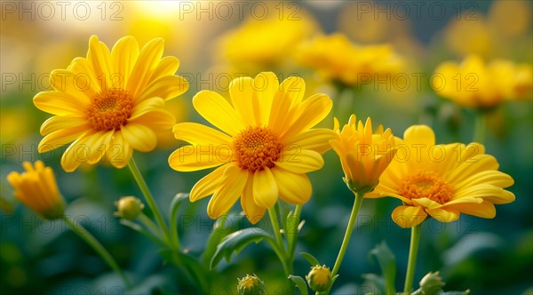 Vibrant yellow Angelita daisies flowers basking in the golden light with a bokeh backdrop, AI generated