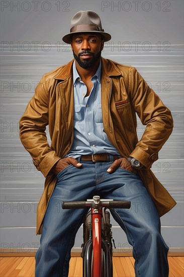 Portrair of 40s stylish african american man with a hat standing confidently sit on a bike, over a grey backdrop, wear casual, blue jeans, shirt and trench coat AI GENERATED, AI generated