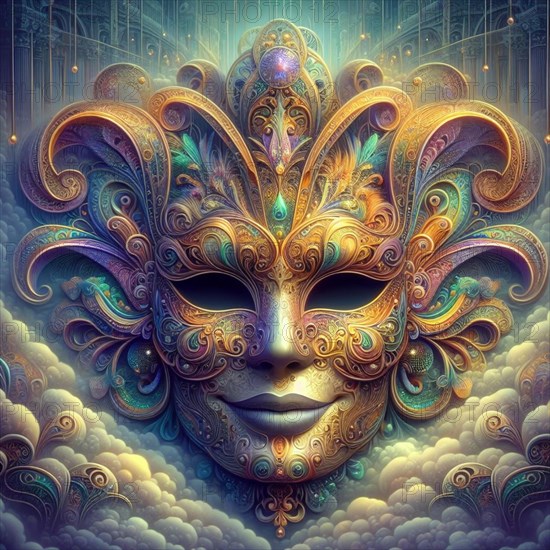 An ornate hand crafted venetian fantasy mask suspended in ethereal blue clouds, with golden accents, ai generated, AI generated