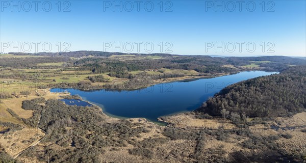 Aerial panorama of Lake Mindelsee, a glacial tongue lake on the Bodanrueck, district of Constance, Baden-Wuerttemberg, Germany, Europe