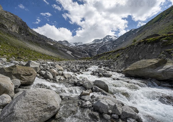 Mountain stream Waxeggbach, rocky mountain landscape, Berliner Hoehenweg, Zillertal Alps, Tyrol, Austria, Europe
