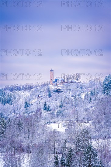 View of the Fuchsturm on the Kernberge in winter with snow, Jena, Thuringia, Germany, Europe