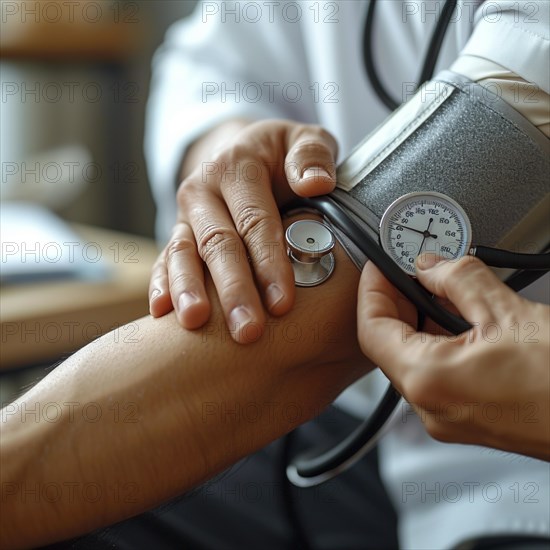 A man checks his blood pressure with a measuring device. Avoidance of bulk hypertension, scarcity, precaution, AI generated