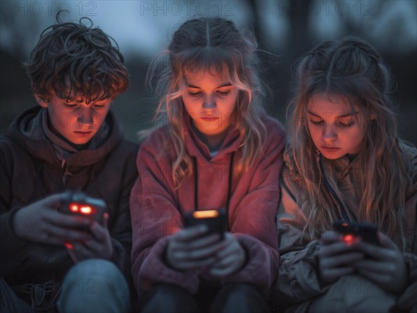 Several young people look bored at their cell phones, neglect social contacts, sport, reading, AI generated