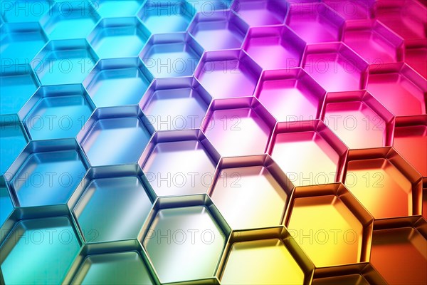 Metallic honeycomb pattern illuminated with vibrant gradient colors abstract background, AI generated