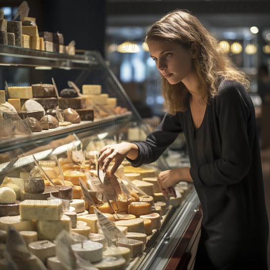 Young woman shopping in supermarket, at the cheese counter, meat counter, fruit stand, bakery, fish counter and shoe store, AI generated