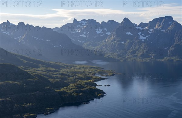 Atmospheric landscape, Raftsund fjord and mountains, view from the summit of Dronningsvarden or Stortinden, Vesteralen, Norway, Europe