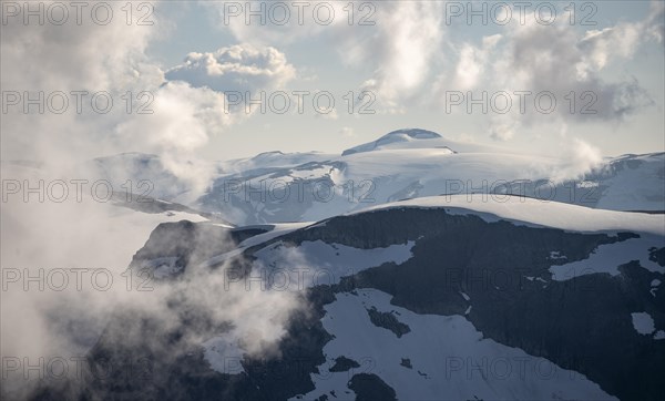 Mountain peak with Jostedalsbreen glacier, view from the summit of Skala, Loen, Norway, Europe