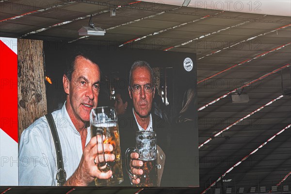 Picture of Franz Beckenbauer and Otmar Hitzfeld on the scoreboard, FC Bayern Munich funeral service for Franz Beckenbauer, Allianz Arena, Froettmaning, Munich, Upper Bavaria, Bavaria