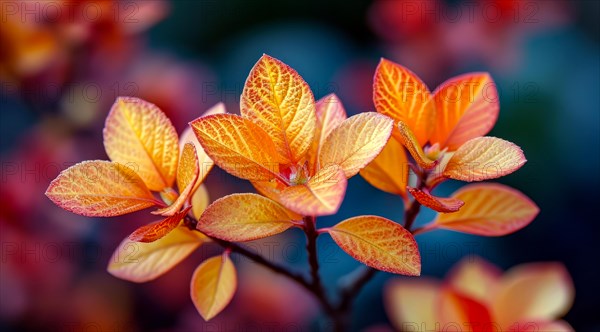 Close-up of Vivid Berberis thunbergii orange and yellow leaves showing detailed veins, AI generated